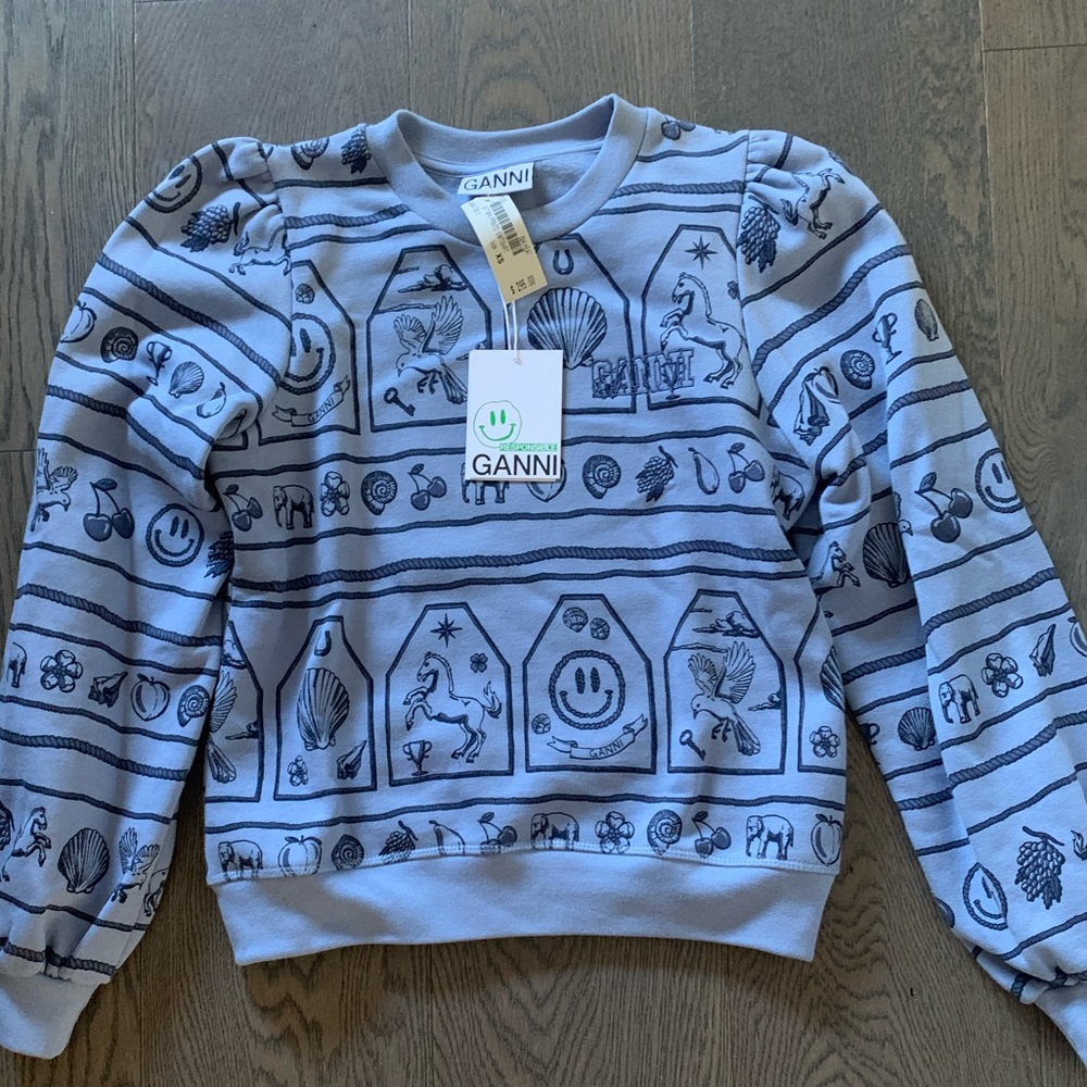NWT GANNI Printed Puff Sleeve Sweatshirt